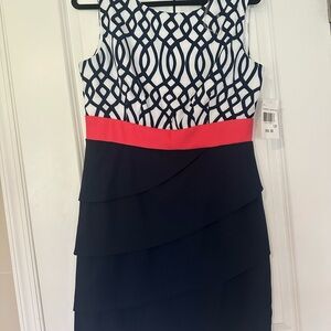Connected Apparel Navy and Coral Geometric Midi Dress